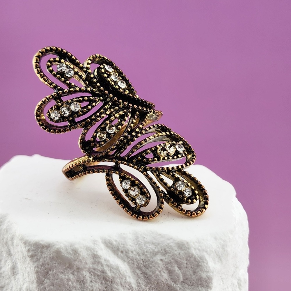 Antique Gold Tone Rhinestone Butterfly Statement Ring Ornate Filigree Size 7.5
